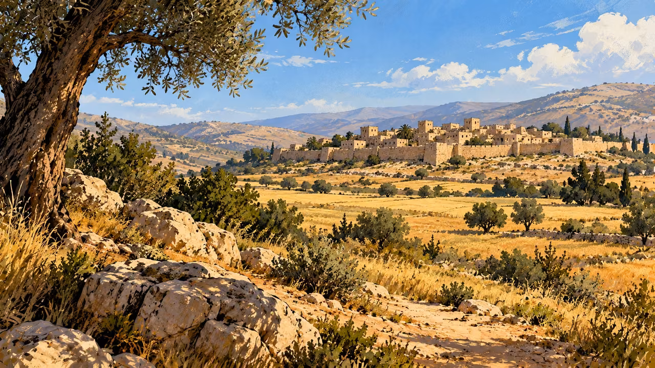 A modest unnamed town stands across a quiet field.