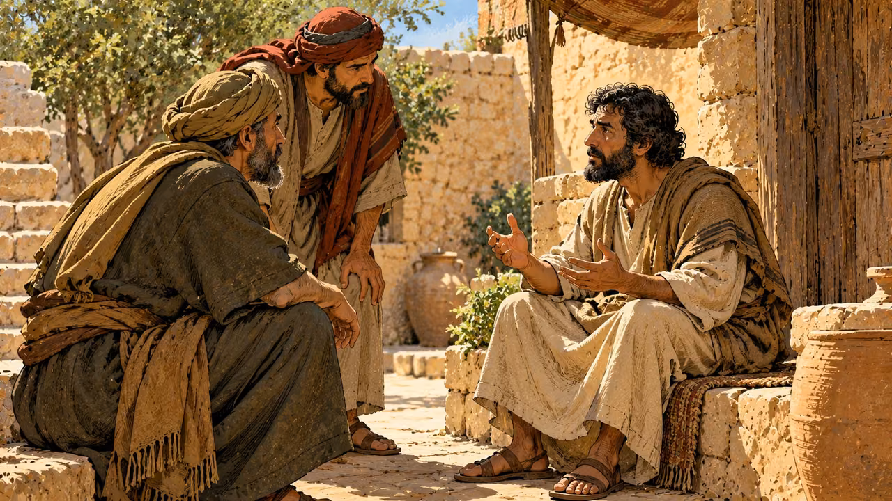 Two anonymous adults speak with a seated resident in a quiet courtyard.
