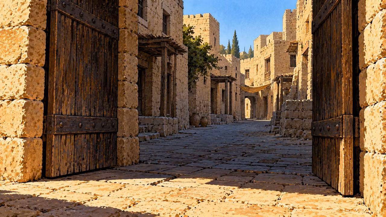 An open gateway reveals an empty shaded town street.