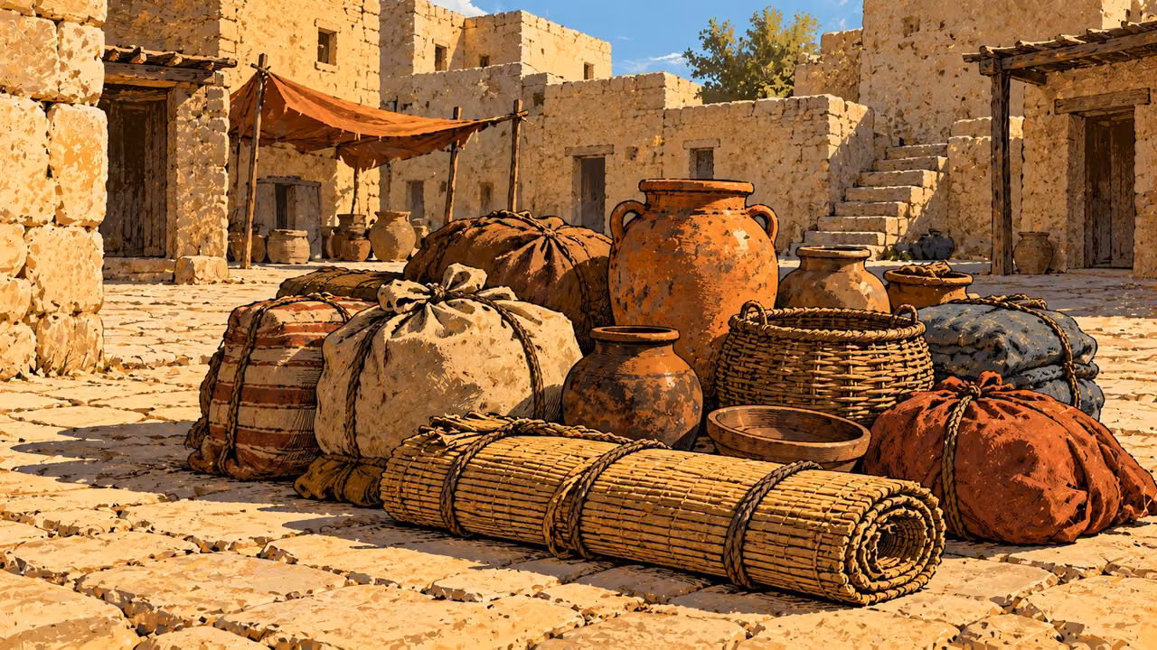 Household bundles, baskets and plain pottery lie gathered in an empty square.
