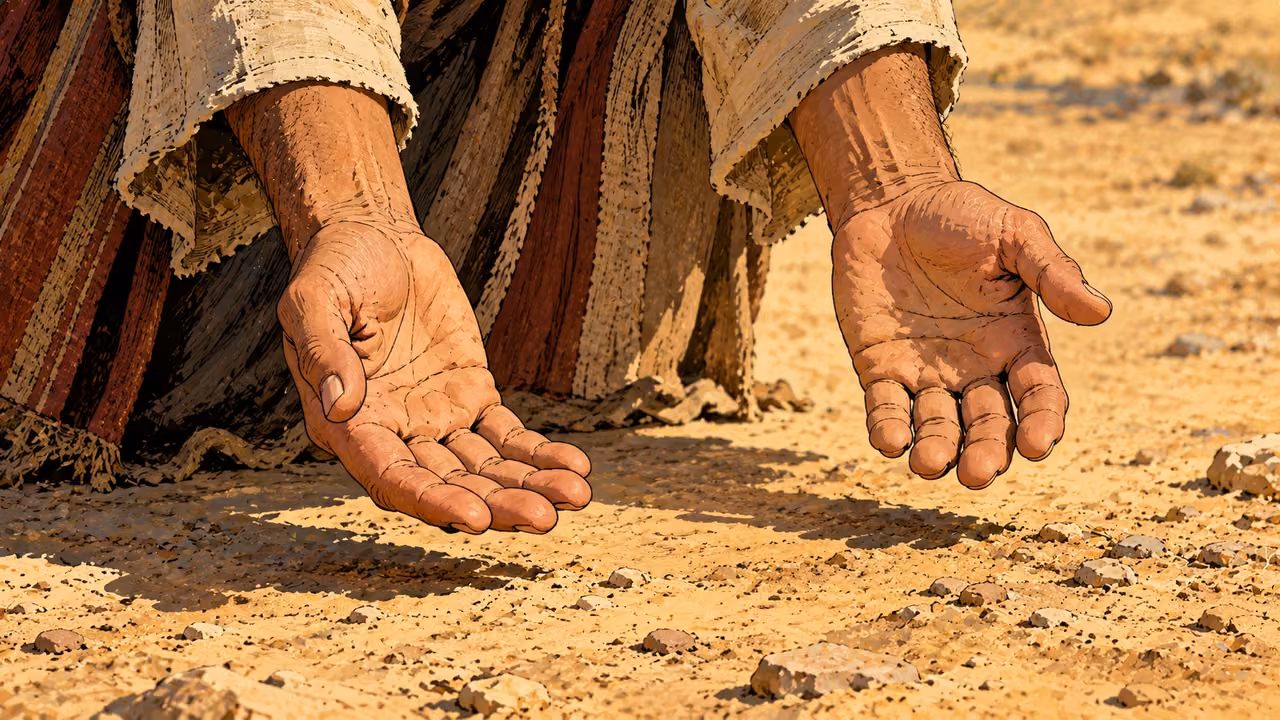 Two empty anonymous hands are held low over bare earth.