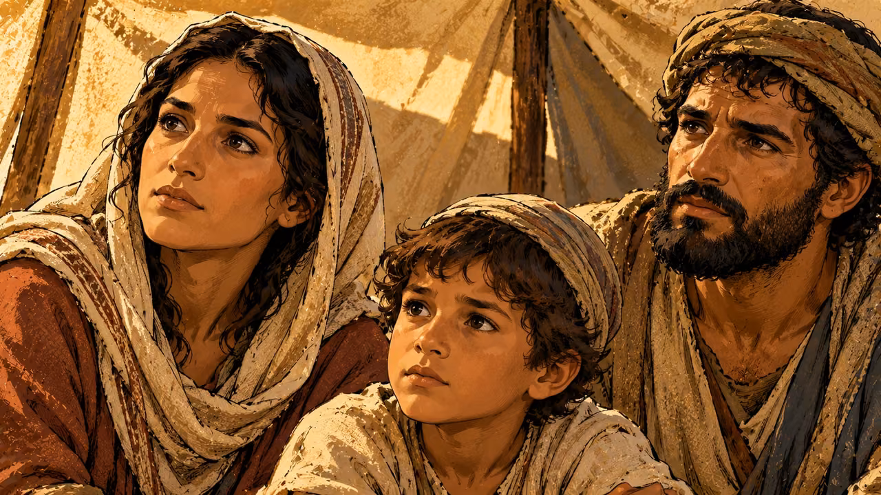 An attentive adult woman, child and adult man look toward an offscreen teacher beneath tent shade.