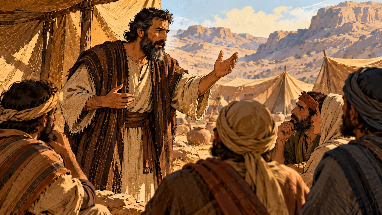 An anonymous adult addresses a small camp gathering.