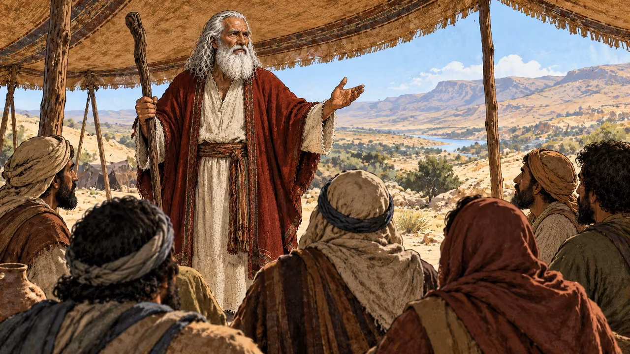 Moses teaches an attentive group beneath tent shade.