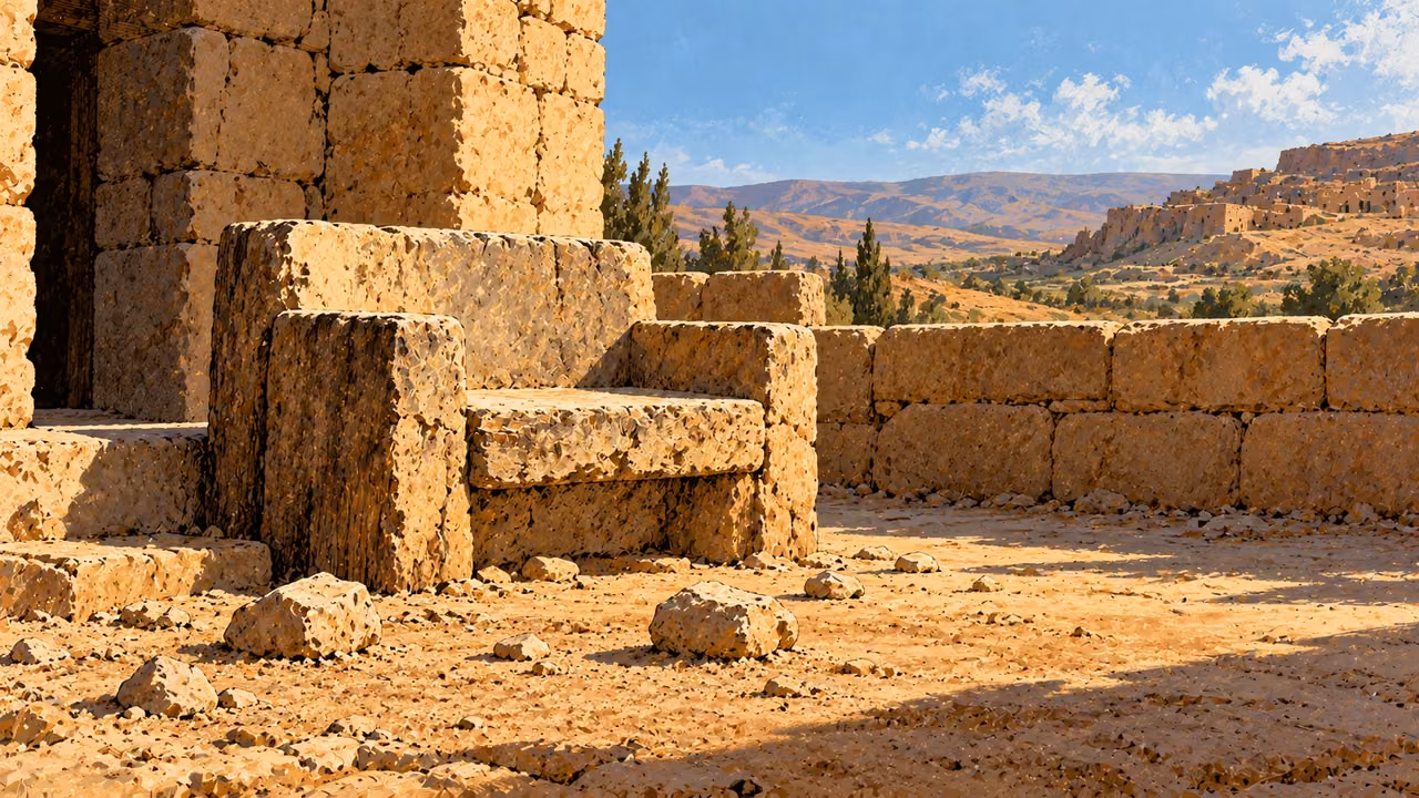 An unused rough stone seat stands in an empty judgment space.