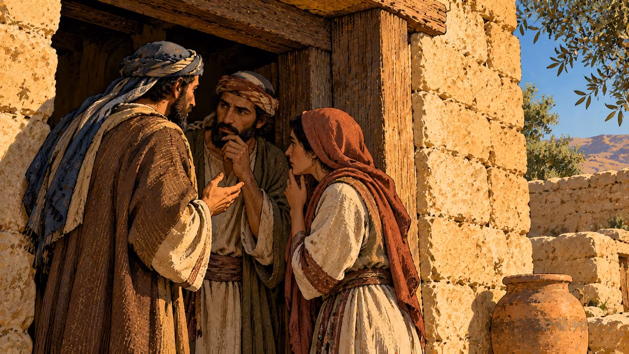 Anonymous adults speak quietly at a household entrance.