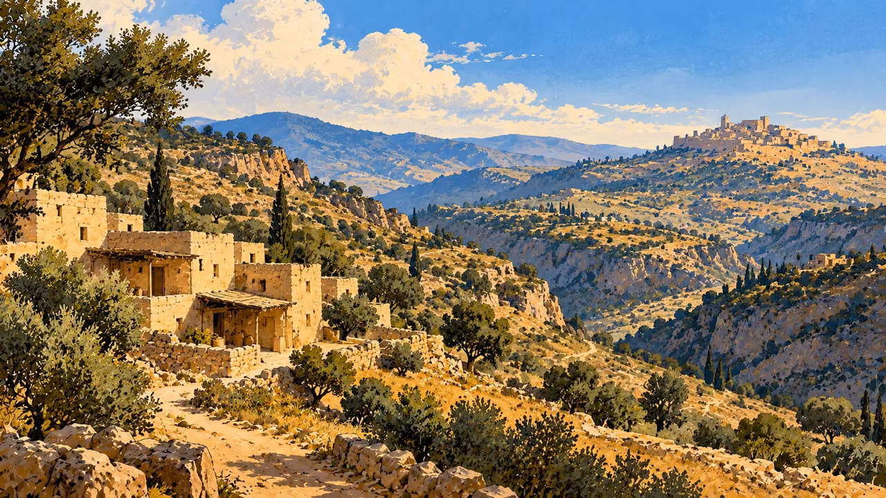 A nearby small settlement and distant hill settlement face an empty valley.