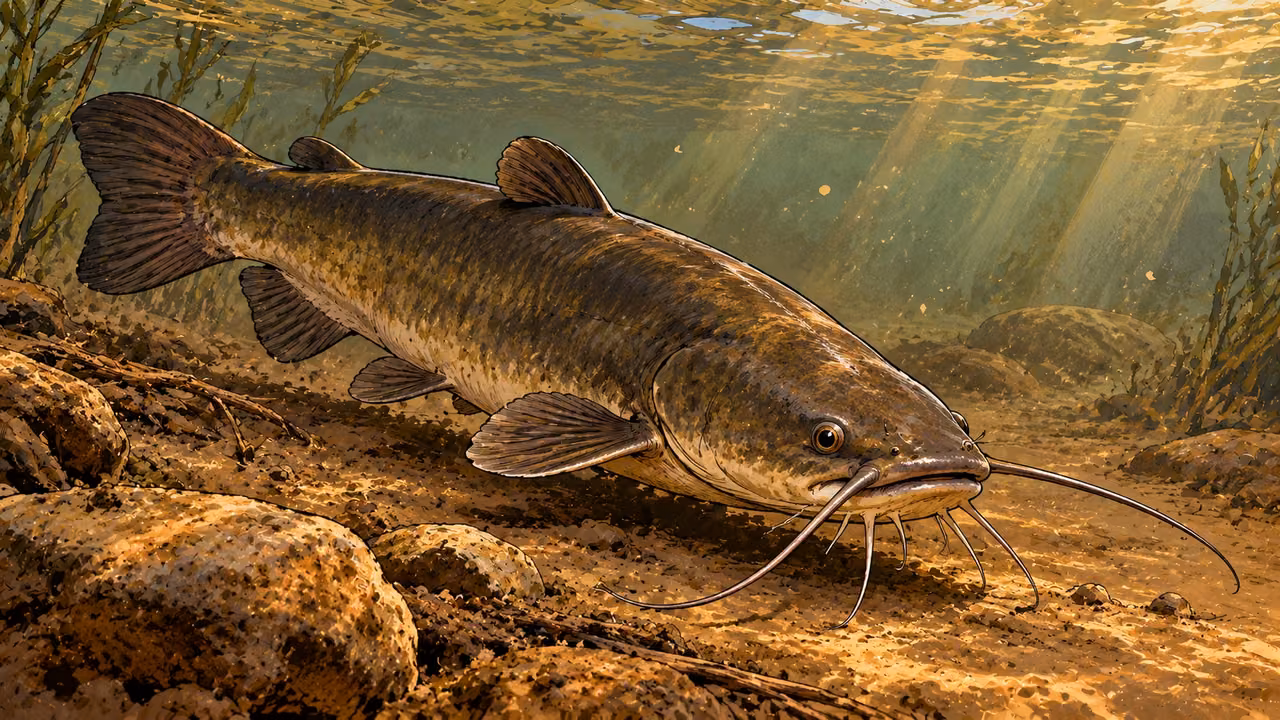 A smooth-skinned catfish with barbels moves above a muddy stream bed.