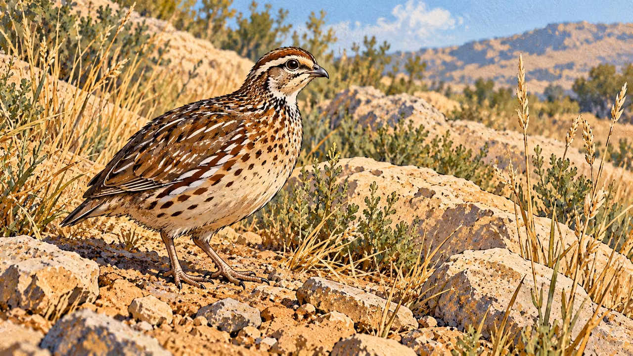 A small quail stands on stony ground among low grasses.