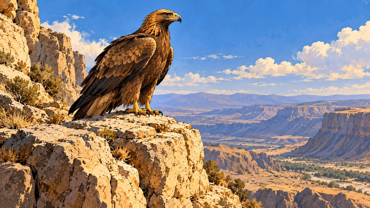 A brown eagle perches on a high rock ledge with folded wings.
