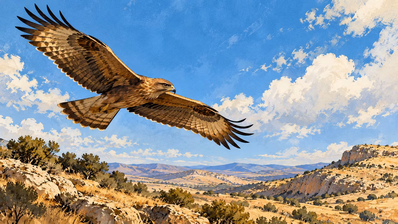 A brown raptor glides over open hills.