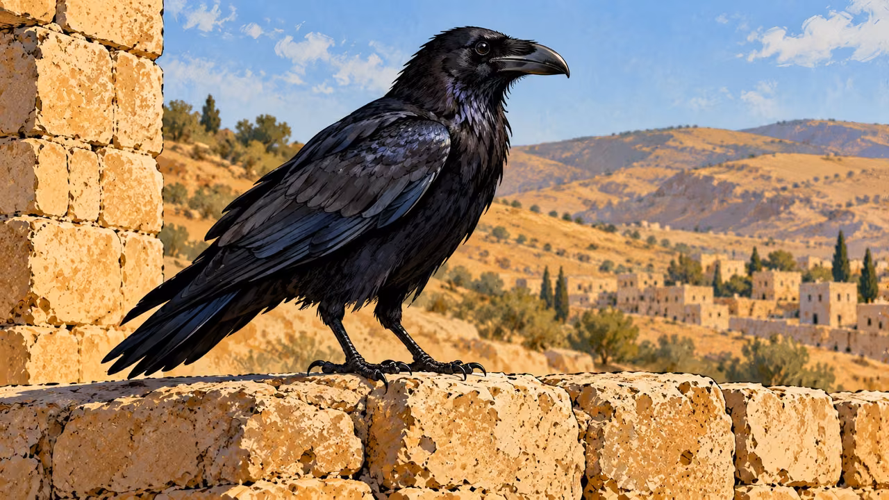A black raven stands on a low rough wall.