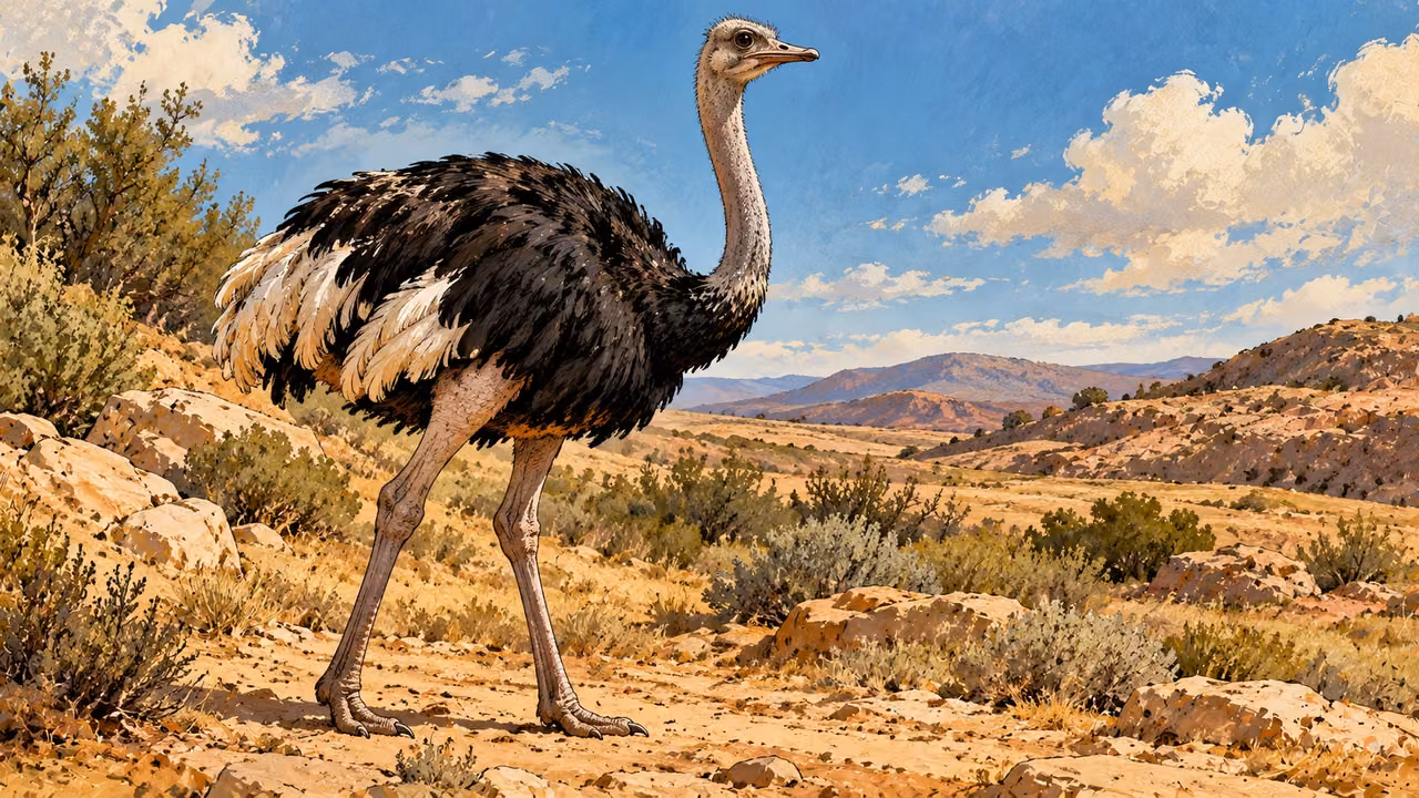 An ostrich stands on dry open ground.