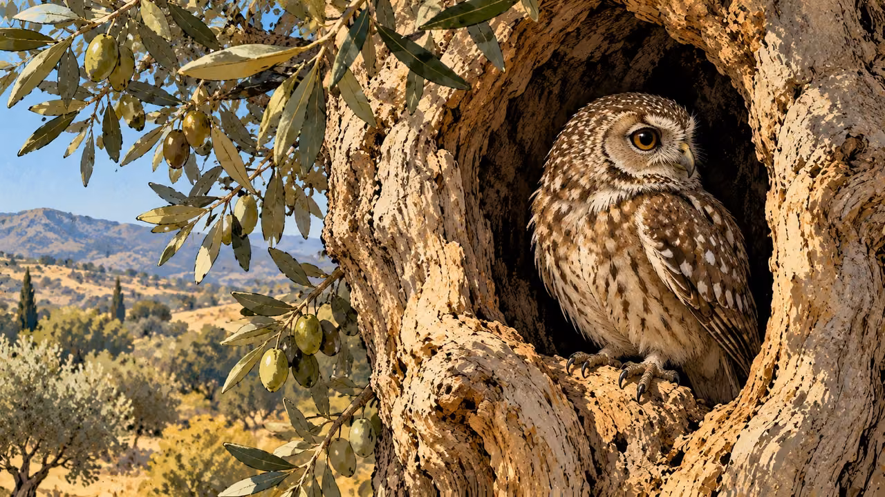 A small mottled owl rests in an olive-tree hollow.