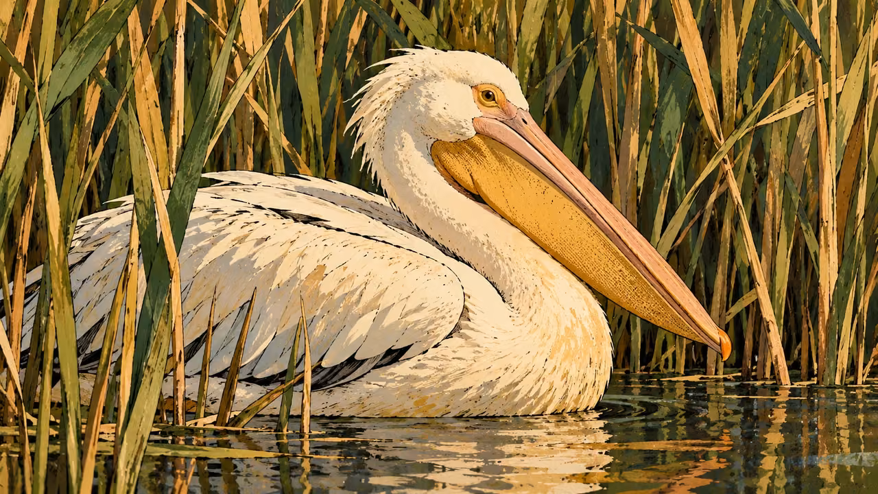 A white pelican rests among tall lakeside reeds.