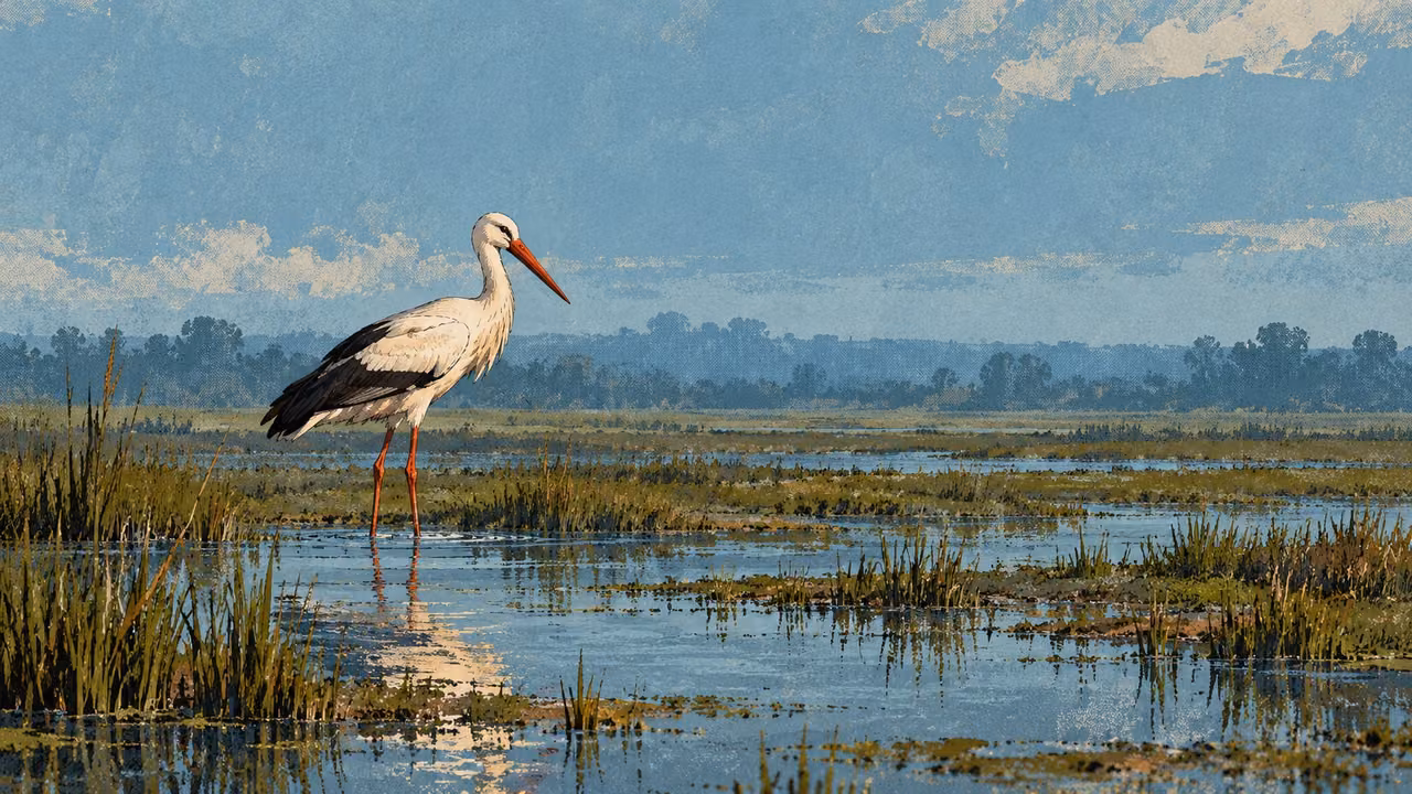 A solitary white stork stands in an open marsh.