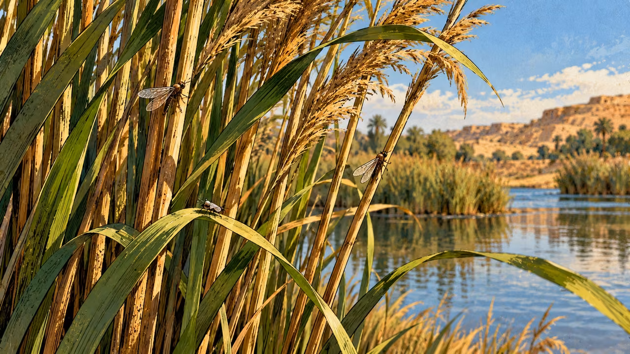 Small winged insects rest on reed stems beside water.