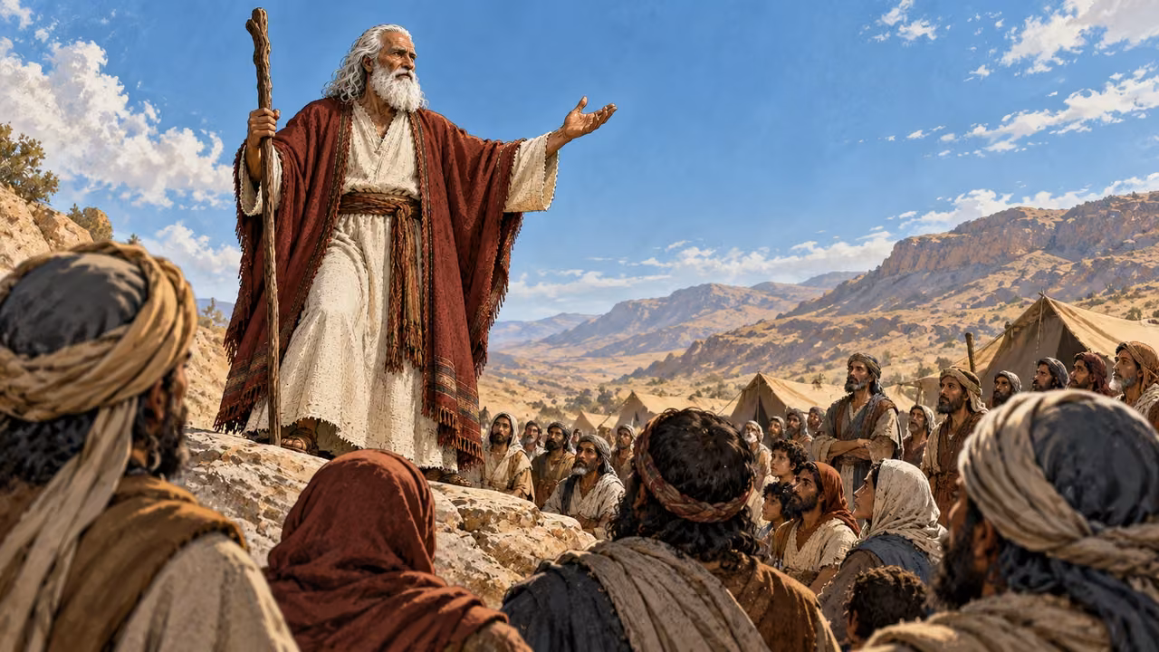 Moses speaks to an attentive community beneath tent shade with one hand low.