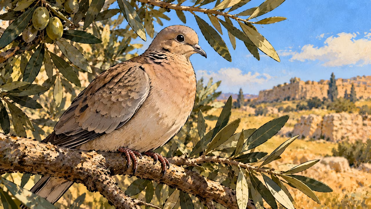 A dove rests on an olive branch.