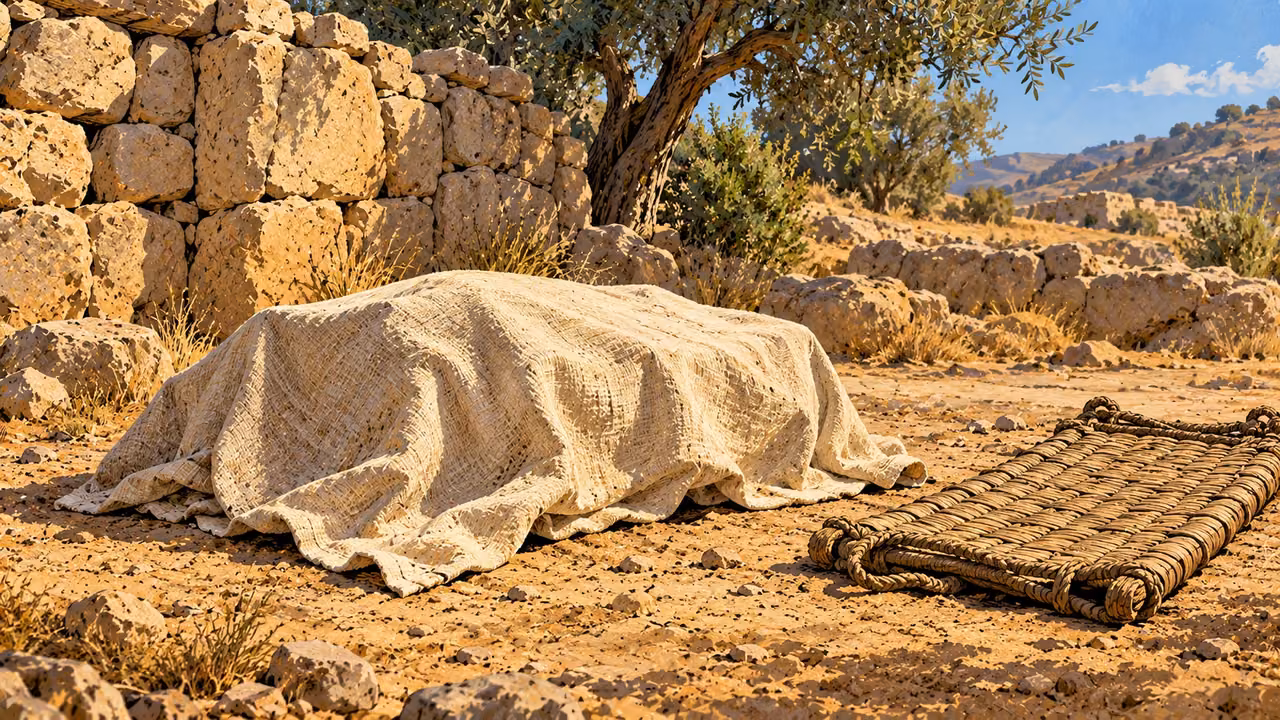 A cloth-covered animal-sized form lies beside a carrying mat.