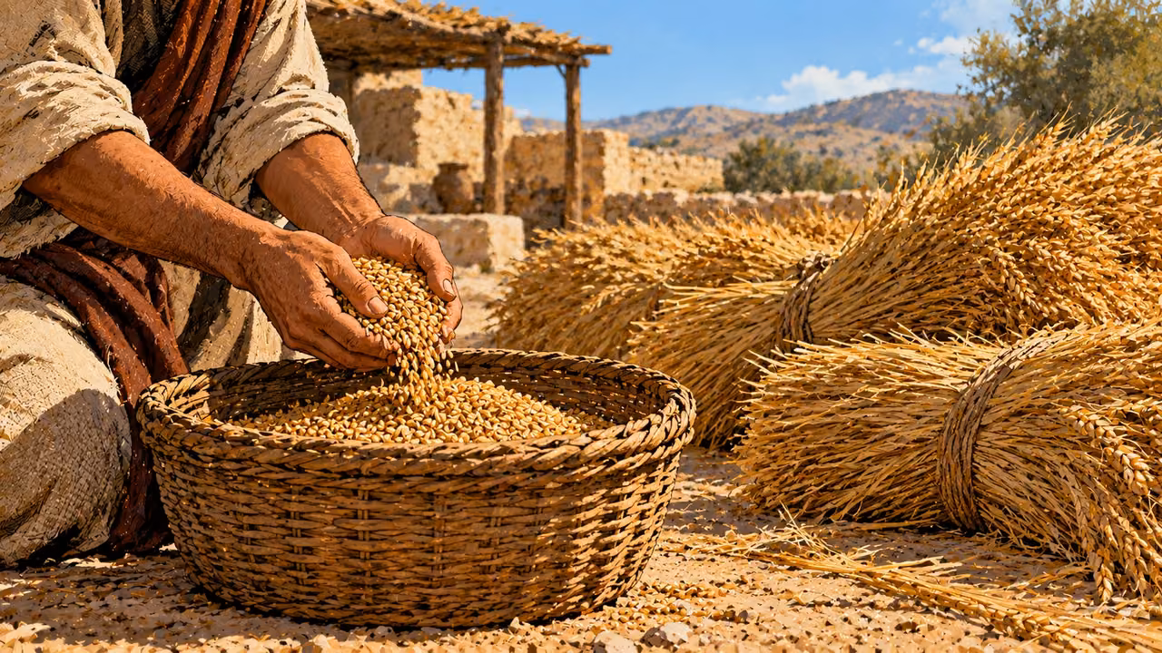 Hands set grain into a basket beside harvested sheaves.