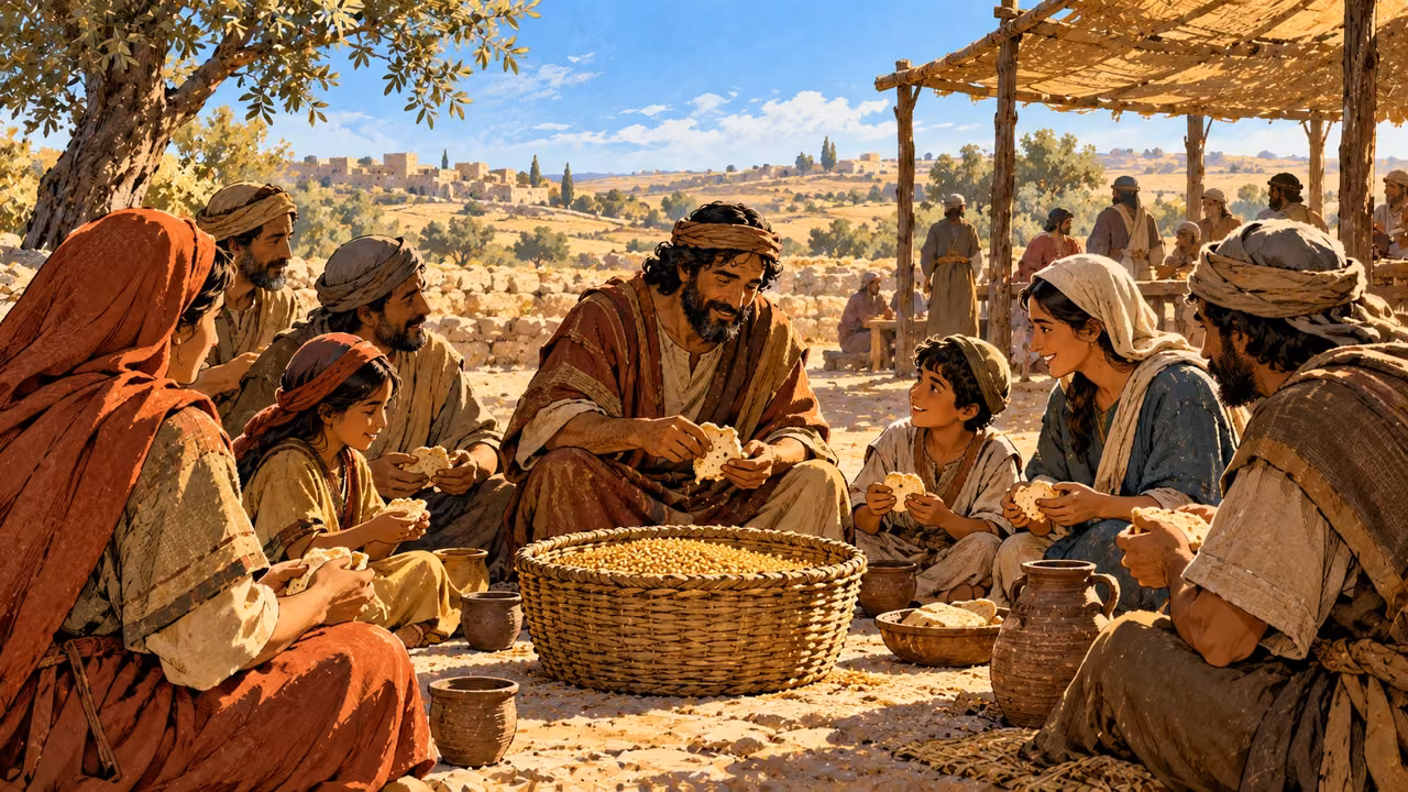 Adults and children share bread around a grain basket at an outdoor gathering.