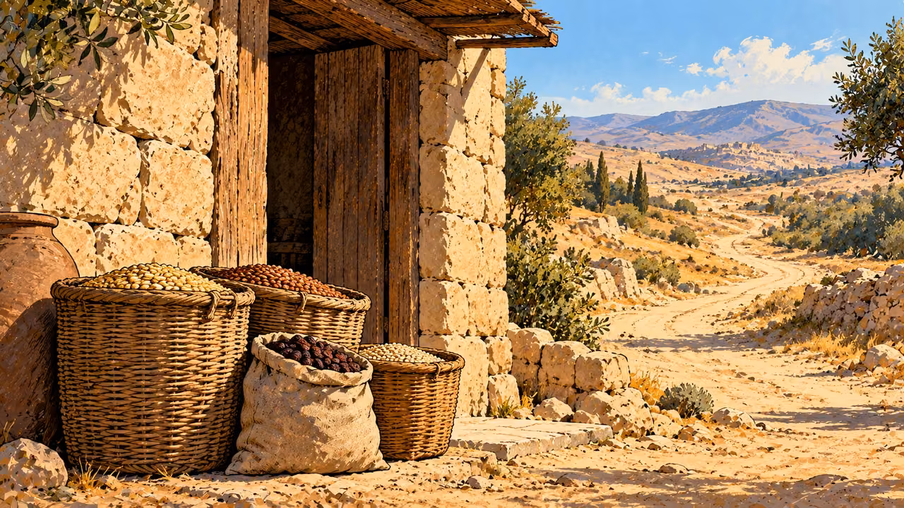 Provision baskets stand beside a doorway facing a long empty road.
