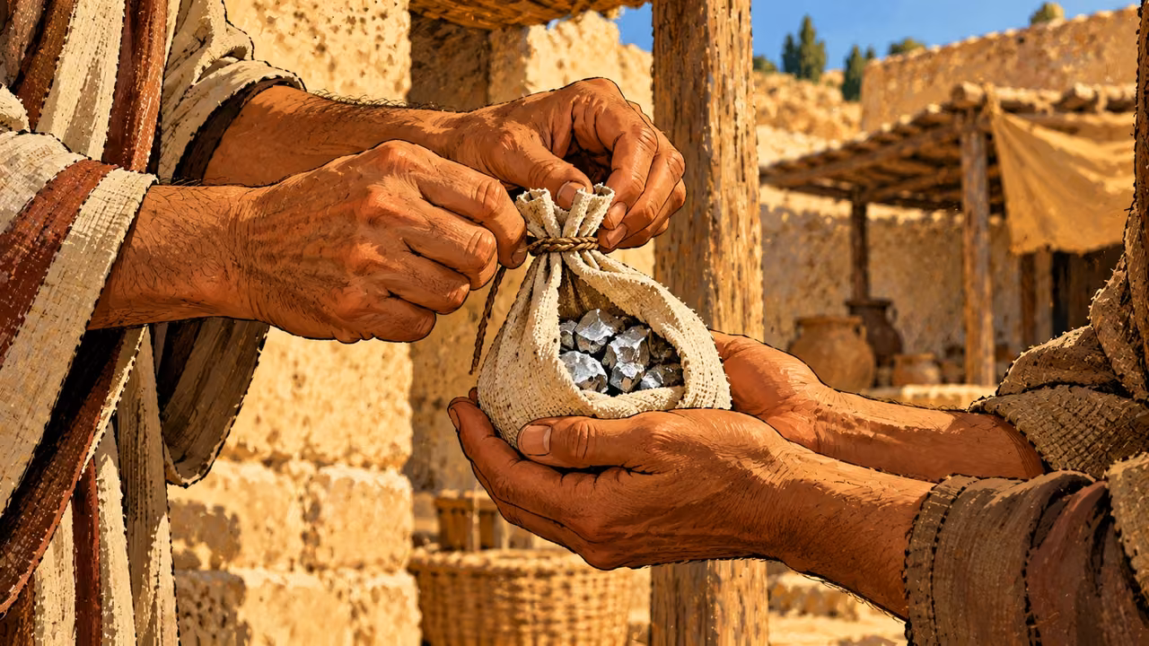 Hands tie a cloth pouch around rough silver fragments.