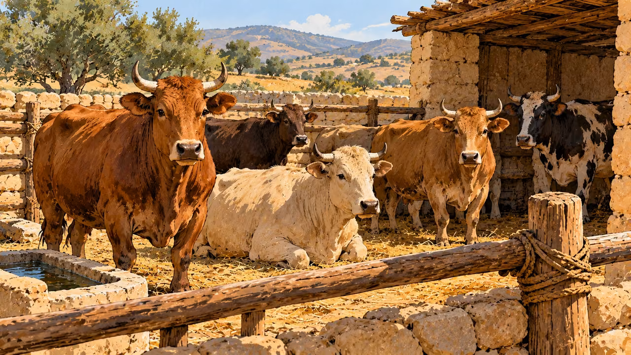 Cattle stand and rest in a simple enclosure.