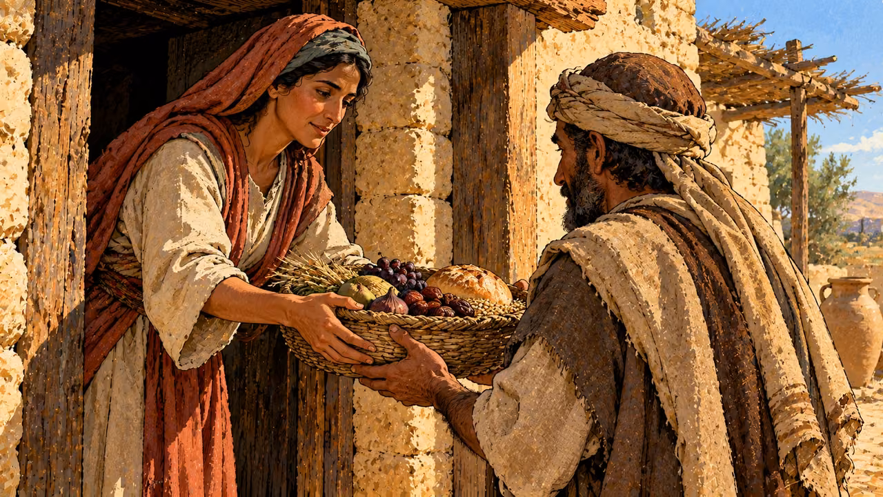 A household adult offers a provision basket to a visitor.