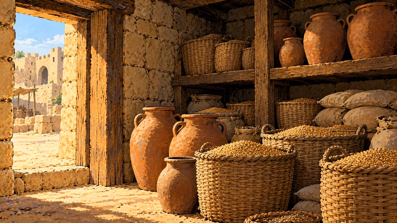 Grain baskets and clay jars fill a modest storehouse near a town gate.