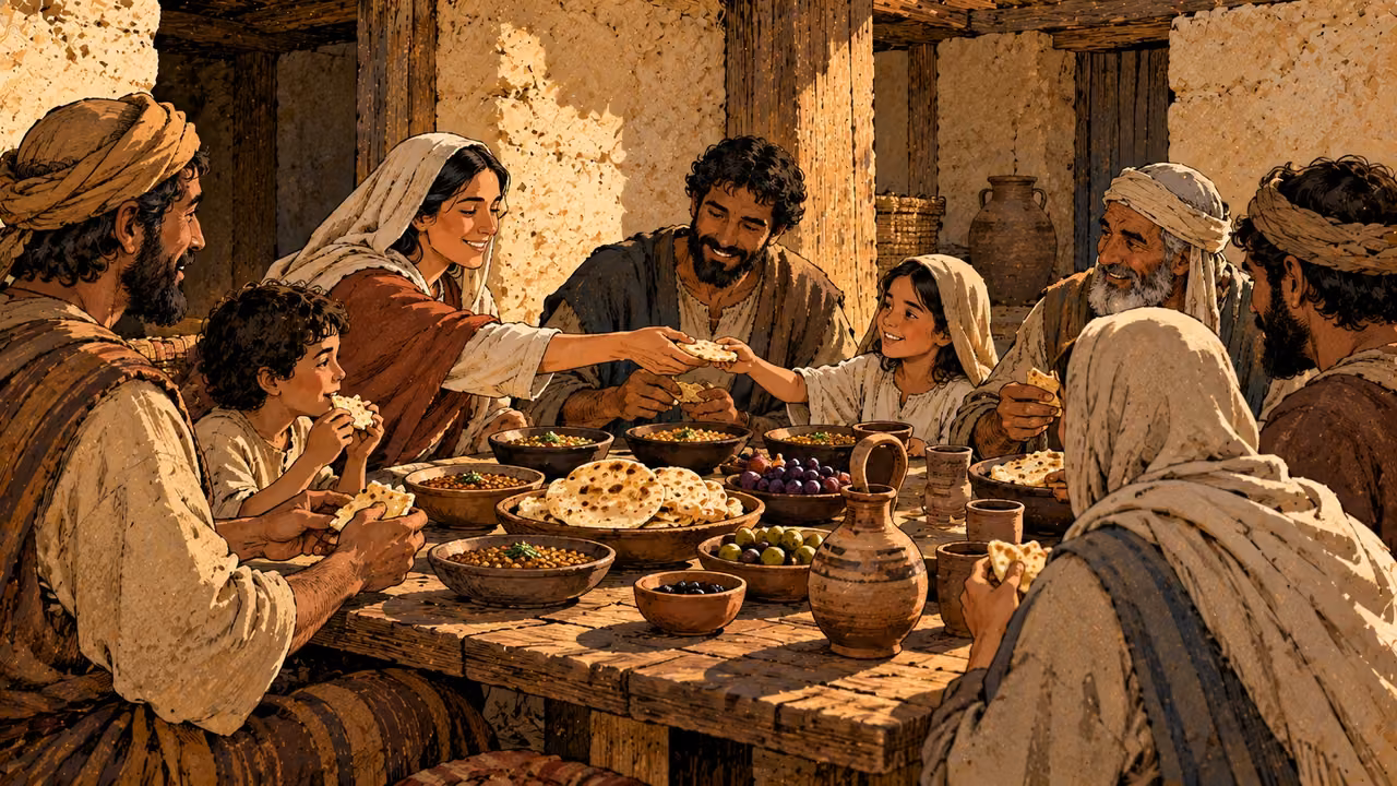 Adults and children share a meal with older guests.