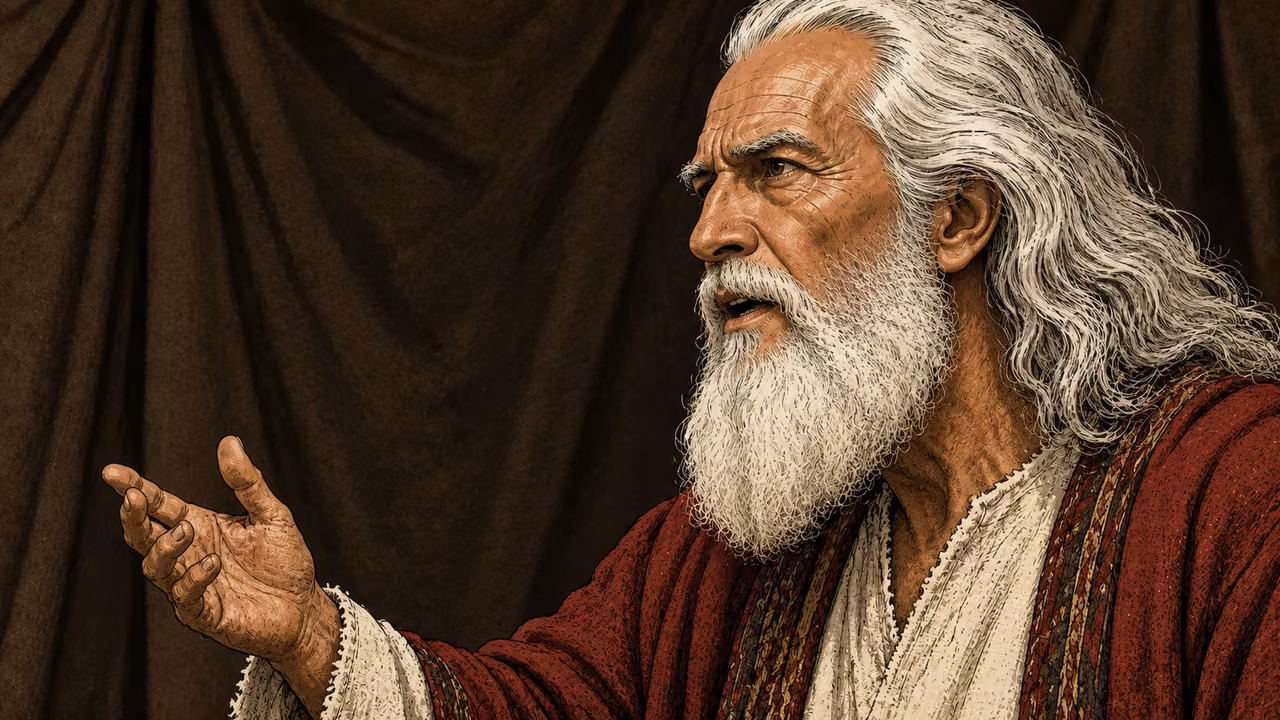Moses teaches in close profile against plain dark tent cloth.
