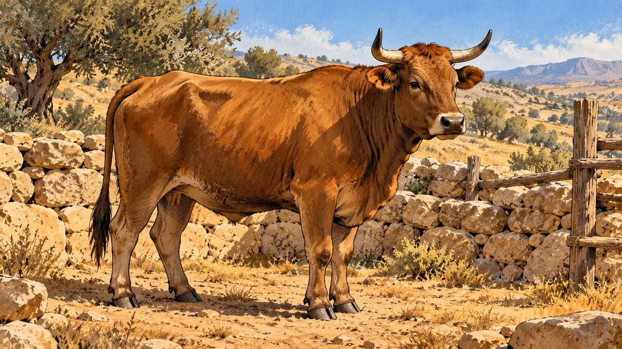 A brown ox stands beside a simple open grazing enclosure.