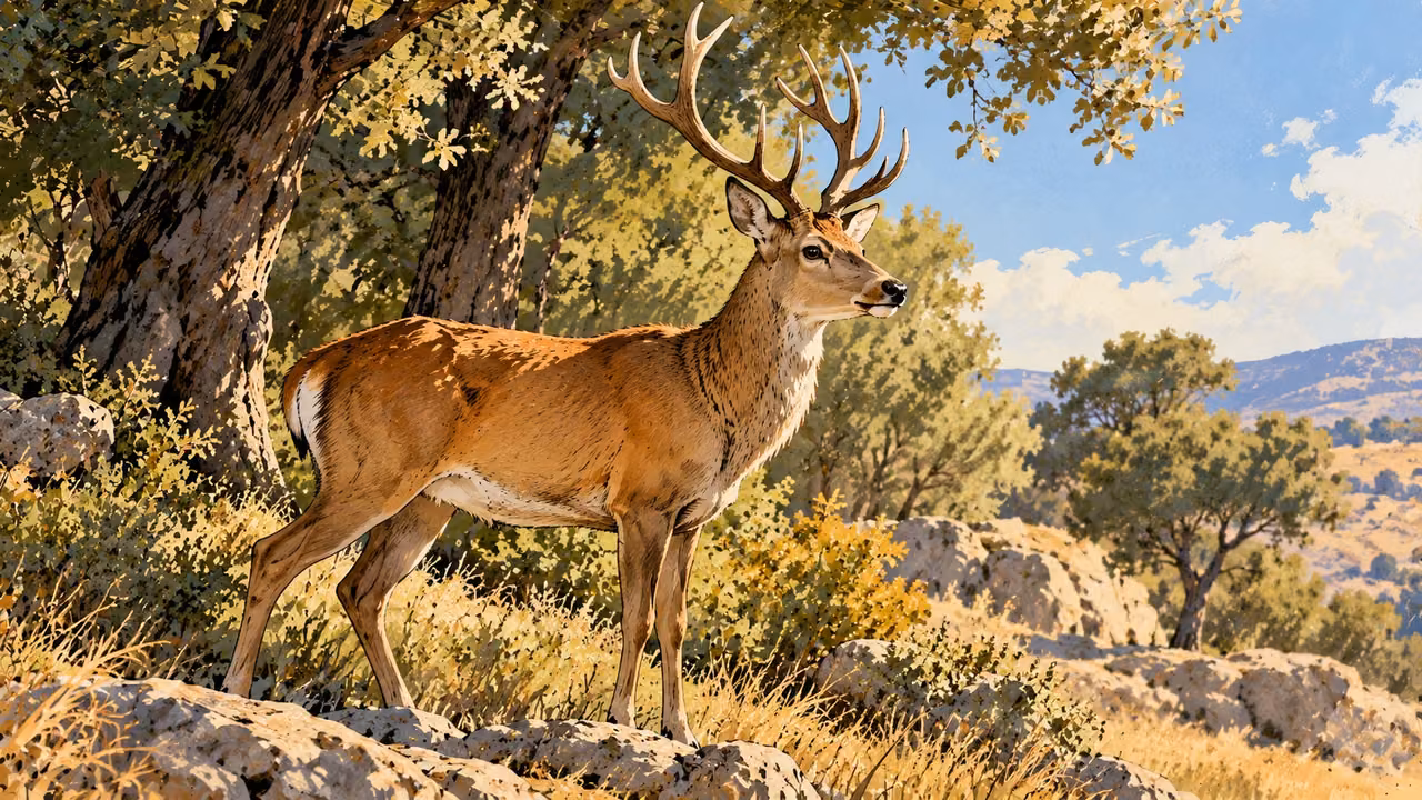 A deer with branching antlers stands at a woodland margin.