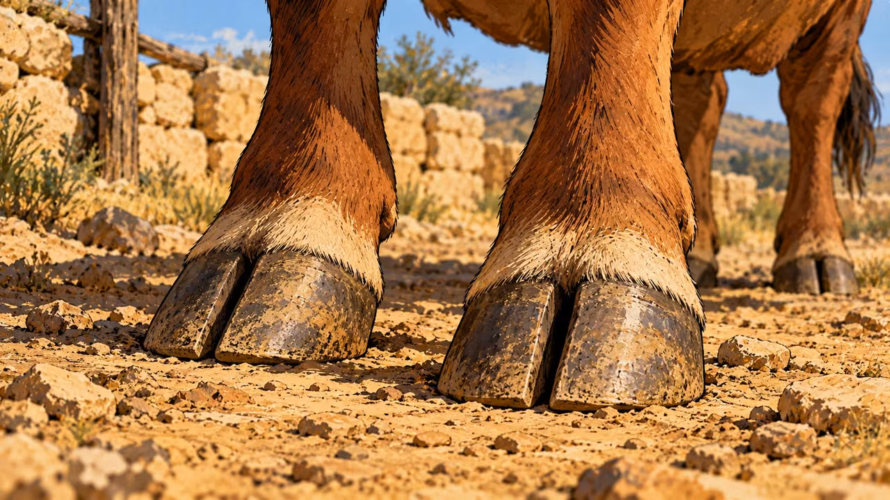 An ox’s cleft hooves rest on dry soil in close view.