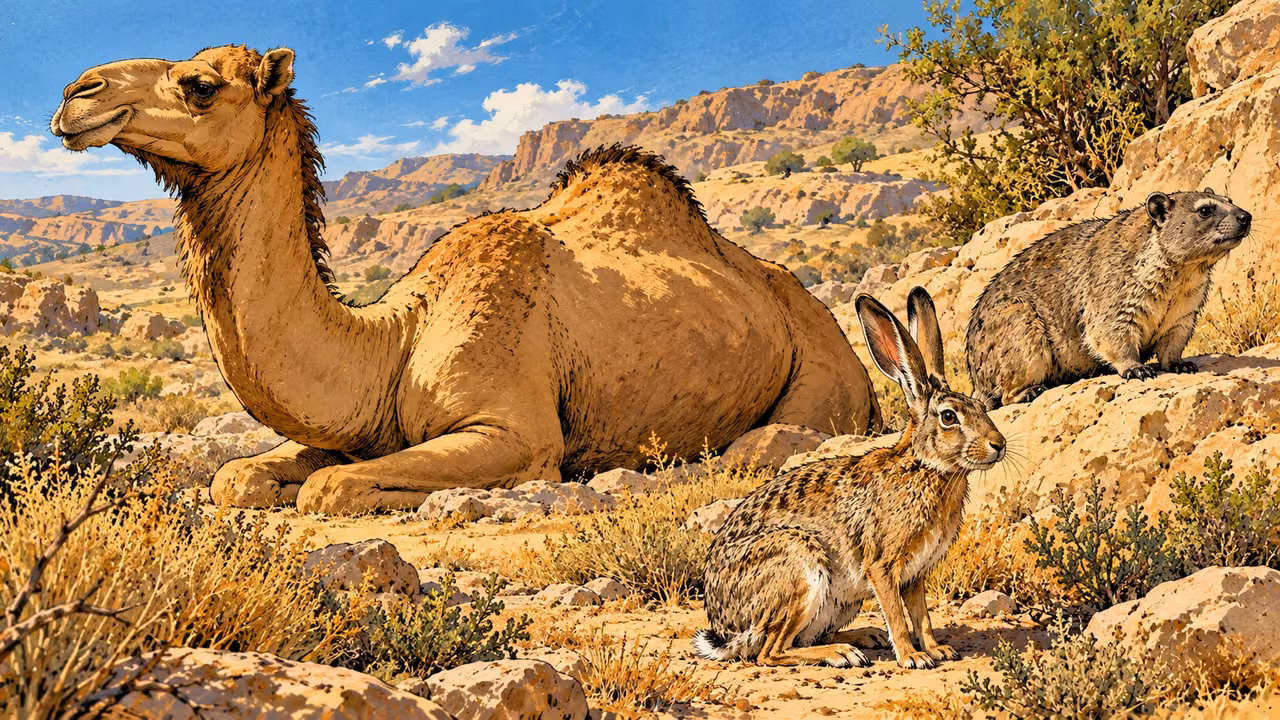 A resting camel is shown with a hare and rock hyrax in dry scrub.