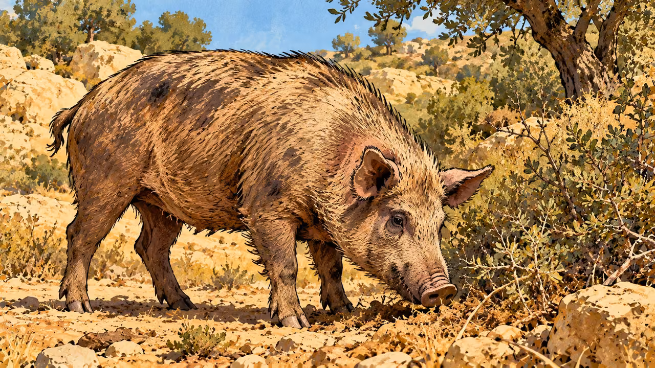 A bristly pig stands beside dry woodland brush.