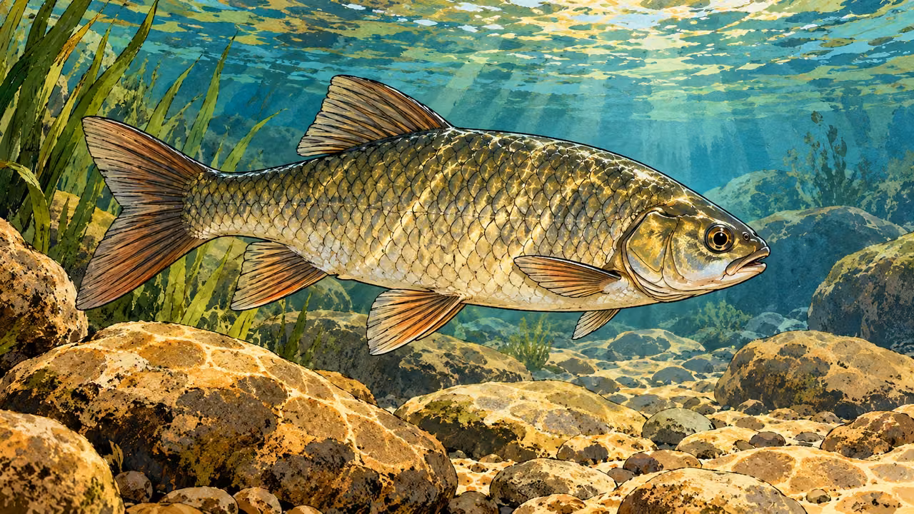 A freshwater fish with clear fins and overlapping scales swims in shallow water.