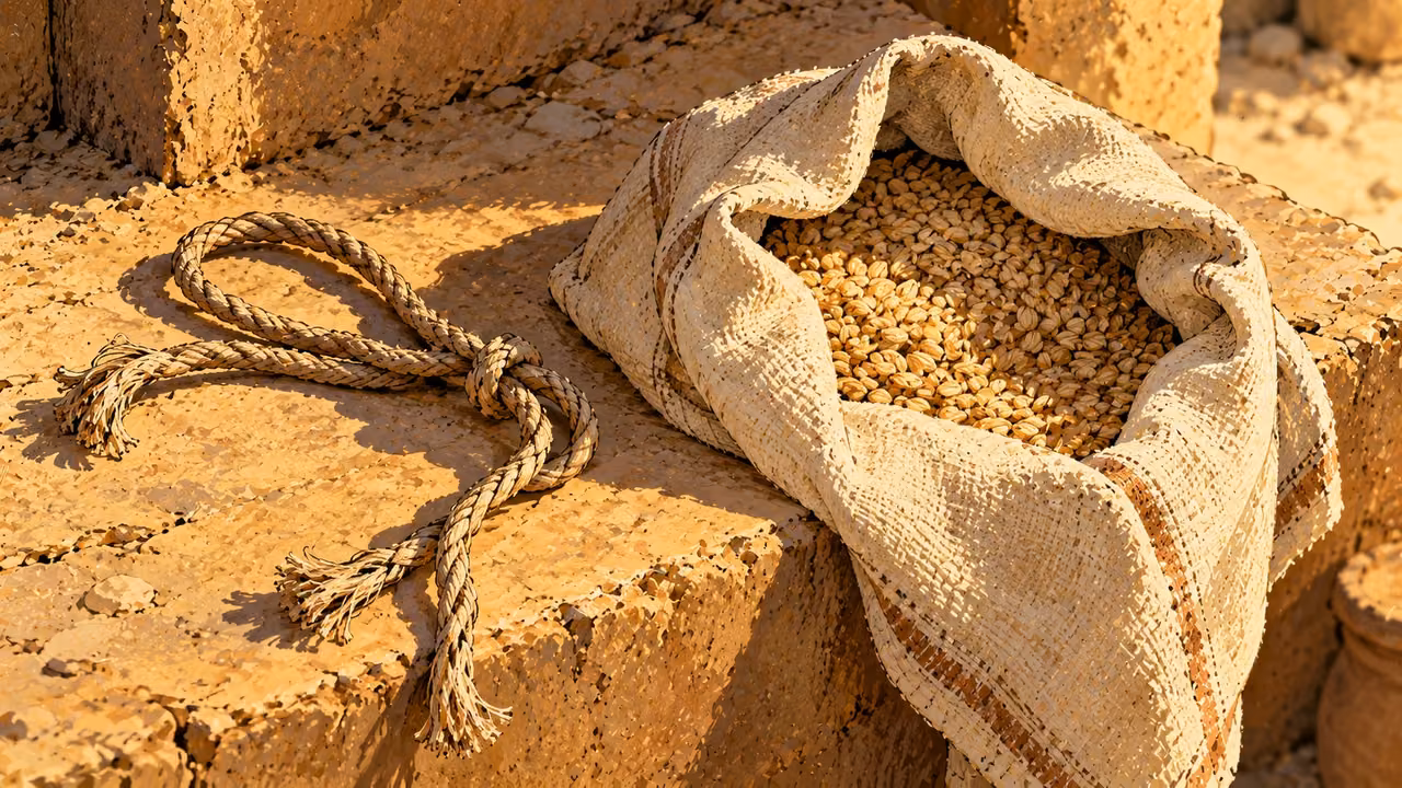 An open cloth grain bundle rests beside a loose cord.