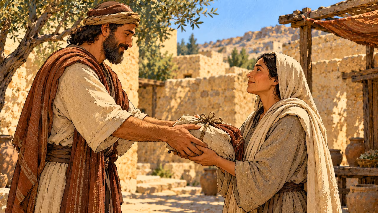 An adult gives a provision bundle to a neighbor in a courtyard.