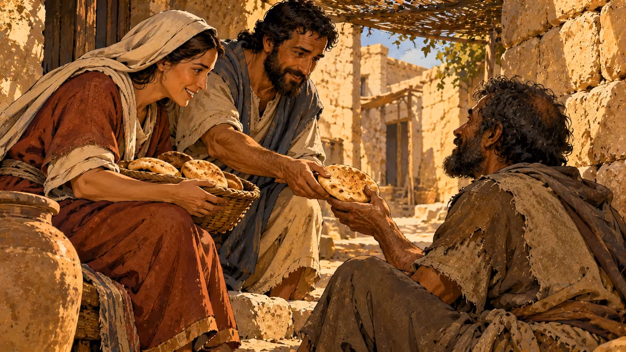 Two adults share bread with a seated neighbor in a shaded lane.