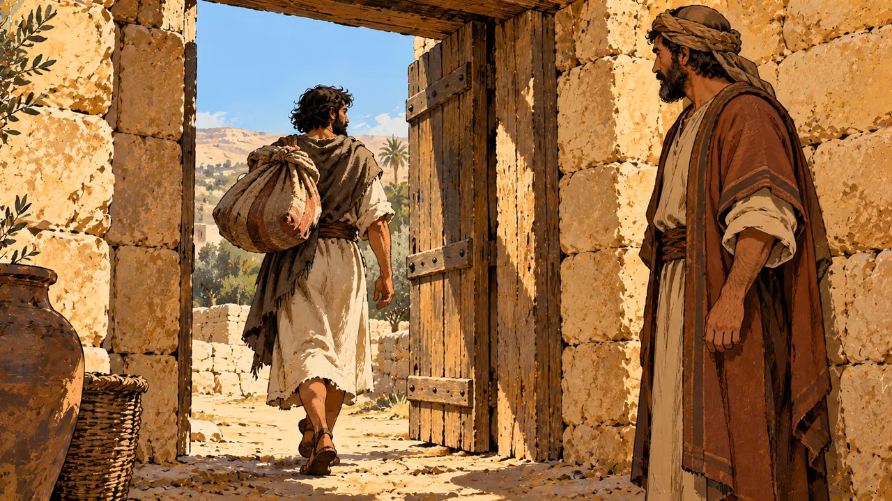 A man carrying his own bundle steps through an open household gate.