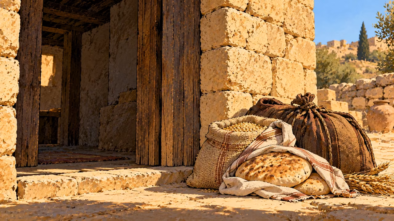 Bread, grain and a travel bundle rest beside an open doorway.