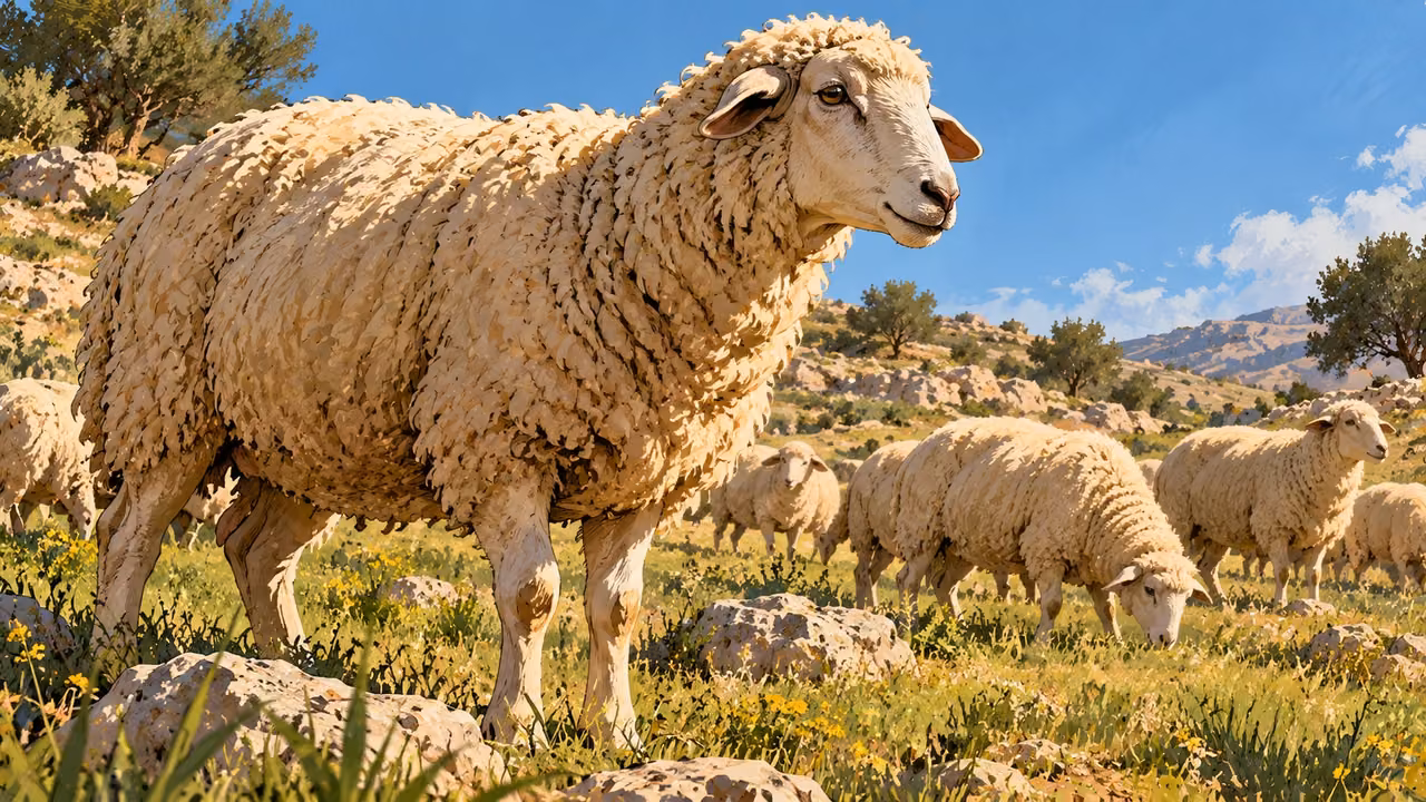A woolly sheep stands in open pasture with the flock behind.