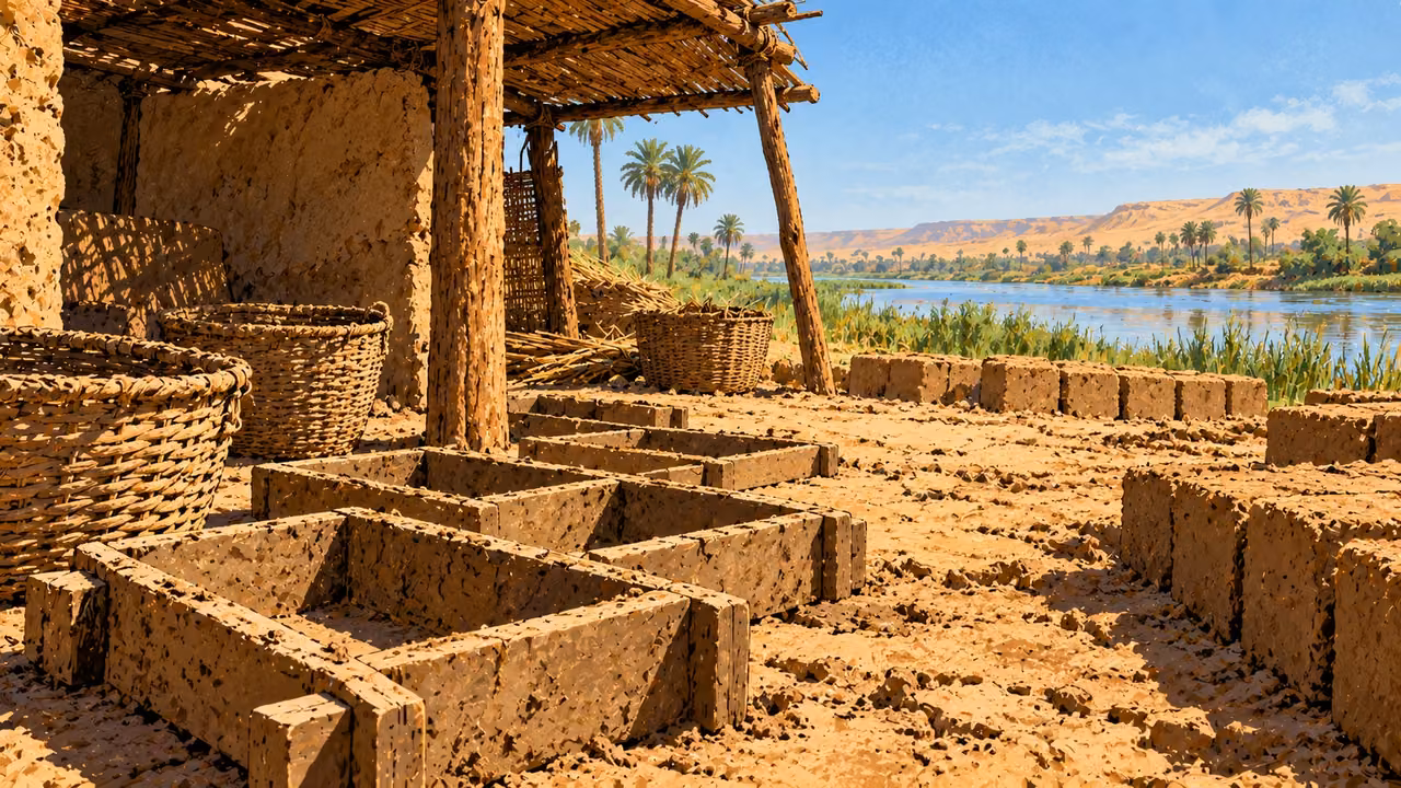 Empty clay brick molds and baskets stand beside a labor shelter near a river.
