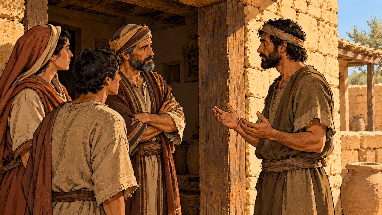 An adult speaks soberly with a household beside an open door.