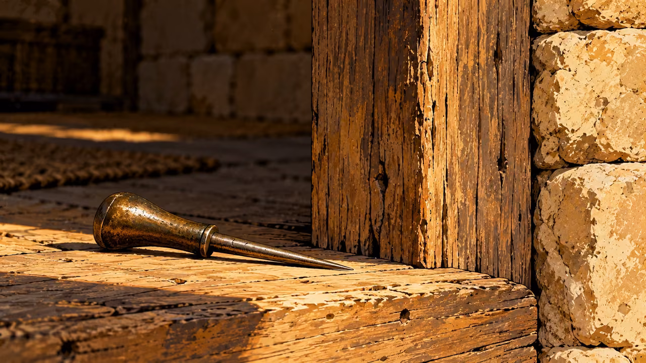 An unused awl lies beside an ordinary wooden doorpost.
