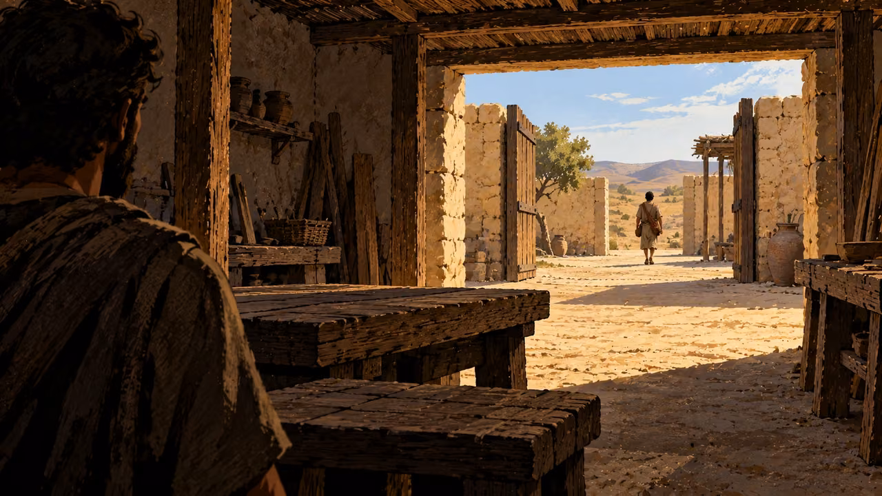 From a shaded workshop, an adult watches a small departing figure beyond an open courtyard gate.