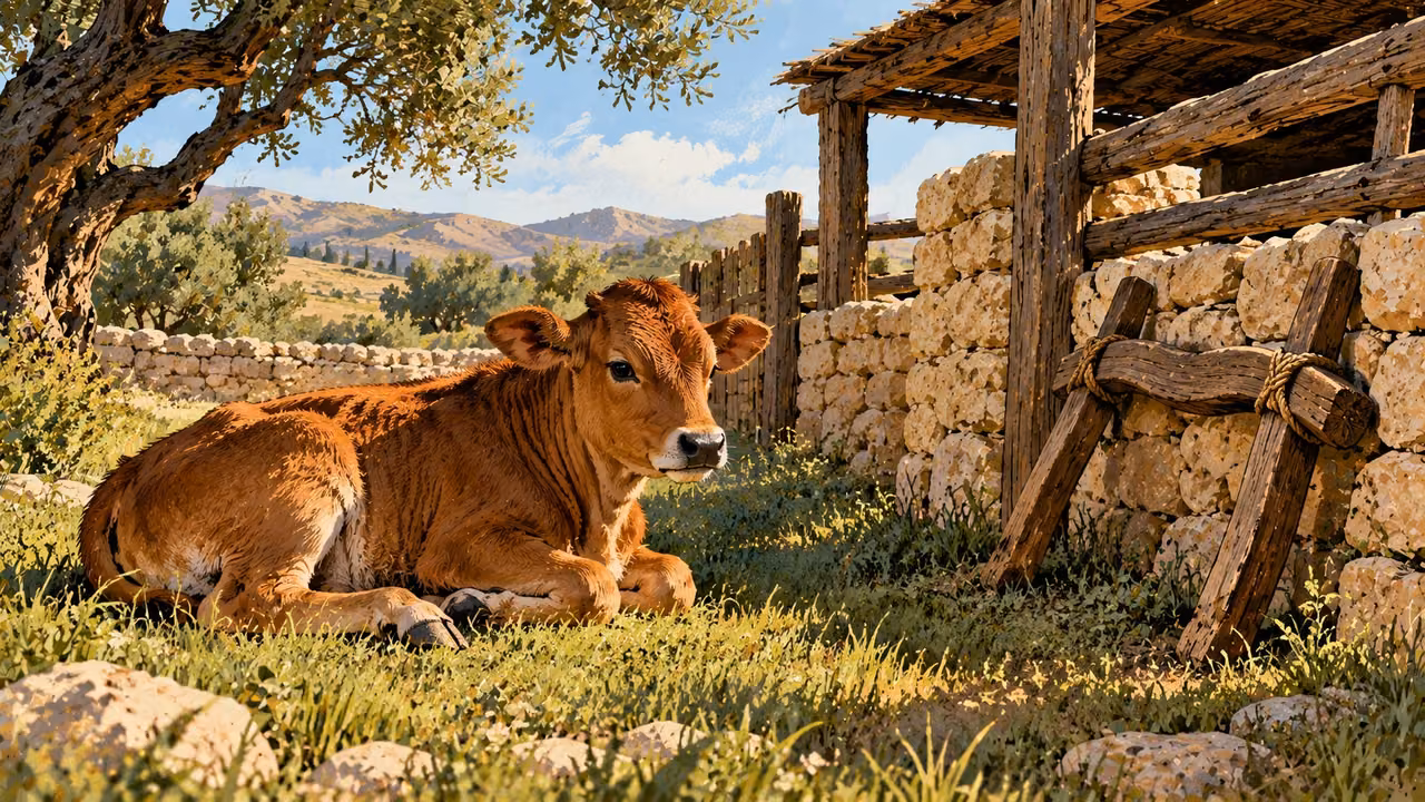 A young calf rests in pasture beside unused wooden farm gear.
